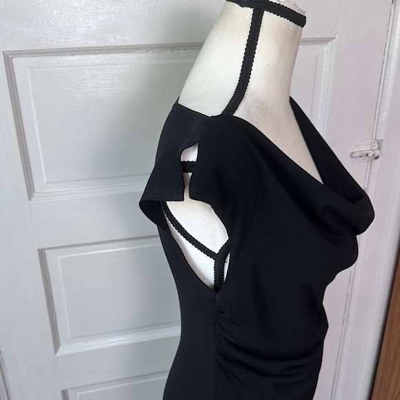 Byer Too! Y2K Classic Black Dress Cowl Neck Split Shoulder Seam Minimalist Sz M - Picture 10 of 17